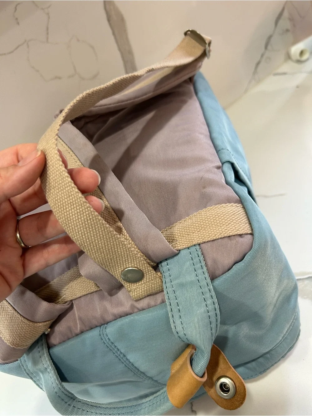 Doughnut Macaroon Blue & Lavender Canvas Backpack with Tan Accents - Women